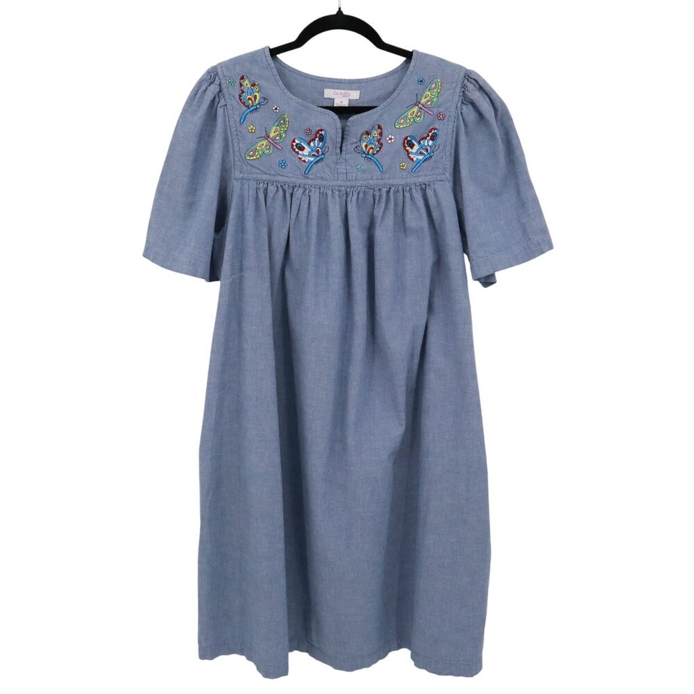 Go Softly Embroidered Denim Dress Womens M‎ Blue Cottage Boho Grannycore Vintage